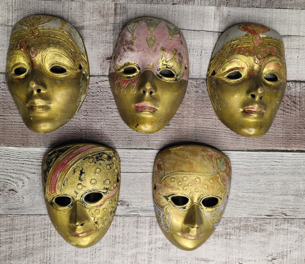 Remco Solid Brass Mini Masks set of 5 Vintage India Wall Art Mid-Century Modern
